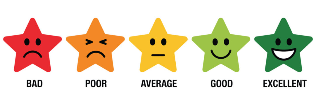 Customer feedback rating emoji set with five-star scale icons in black and color vector illustration for review systems.