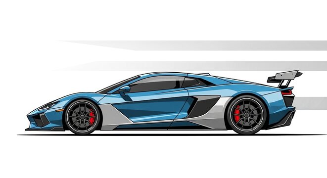 Blue sports car side view on white background high performance vehicle