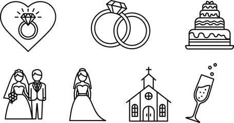 Fototapeta premium Wedding line of rings, cake, bride, groom, church, and champagne line rings heart