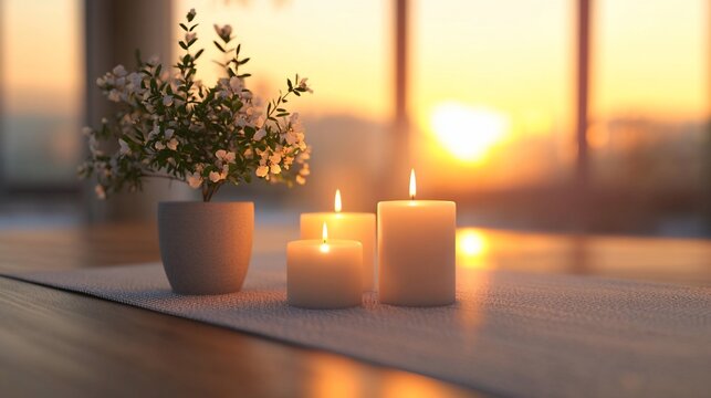 Lit candles with floral arrangement on table at sunset by panoramic window