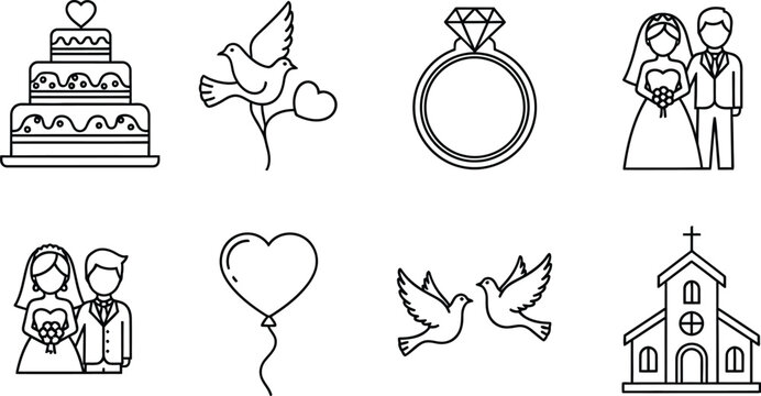 Wedding line style, including cake, doves, ring, bride and groom, church, and heart balloon line black and white