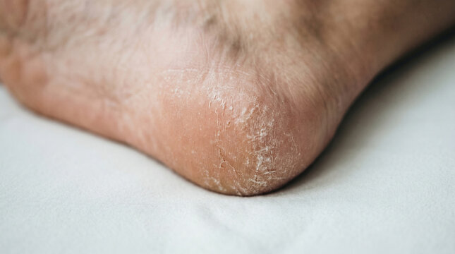 Extreme close-up of a human foot featuring dry, cracked skin on the heel, showcasing dermatological issues such as dehydration and hyperkeratosis on a light minimalist background