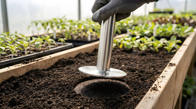 Hand using soil tamper in garden bed | preparing soil for planting in greenhouse | gardener leveling potting mix with tool | professional greenhouse planting equipment