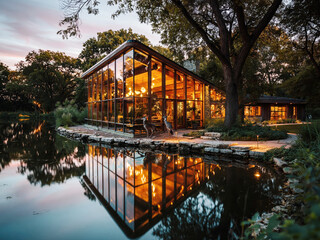 Fototapeta premium Modern Countryside House by Lake – AI Generative