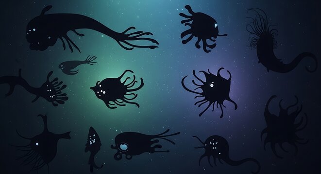 Bioluminescent deep sea creatures swimming.