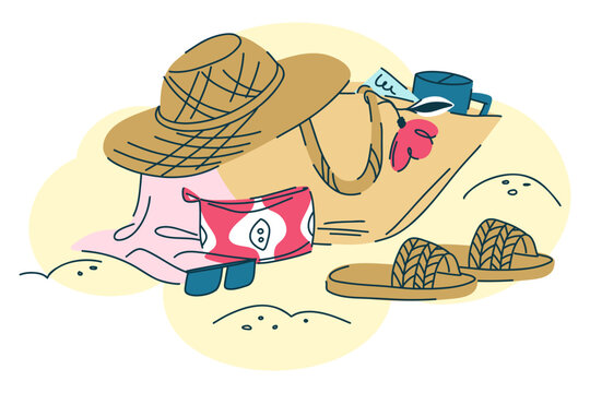 A set of beachwear lying on the sand, a straw hat over a trapeze bag with a towel, a cosmetic bag, sunglasses, a thermos mug and woven sandals