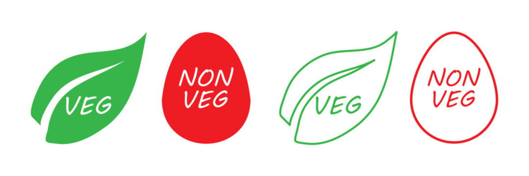 Modern green vegetarian and red non vegetarian food label icon collection featuring leaf and egg shaped symbols. Clean outline and solid style vector design.