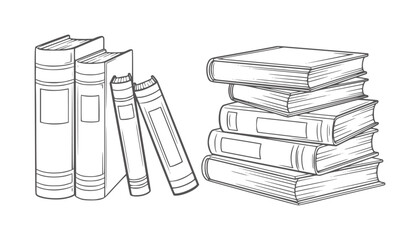 Black and white line of stacked and upright books a plain spines covers © Mosa
