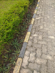 Obraz premium Paving block walkway beside green bushes and garden plants