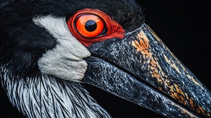 Obraz premium Close-up of a black stork's head, vibrant colors, intense eye contact. Possible use wildlife photography