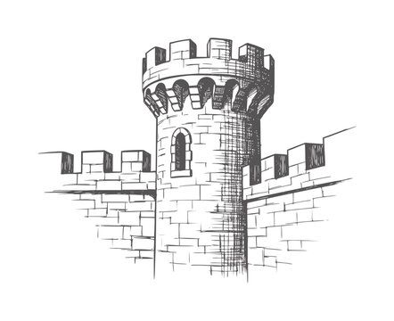 Black and white of a medieval castle turret with ladder