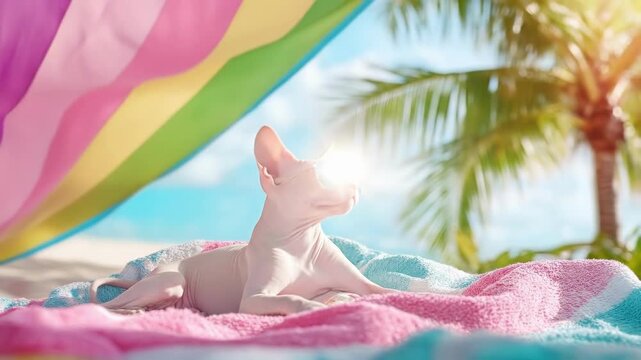 Hairless sxhinx kitten relax sunglasses tropical beach summer vacation holiday travel brochure poster or social media banner website header