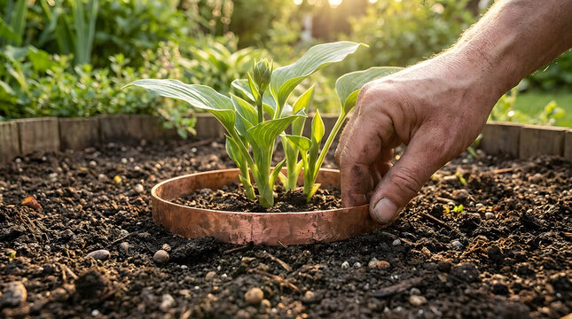 Copper slug ring installation for garden plants |Organic pest control for hostas and snails |Eco-friendly garden protection methods| Hand pressing copper barrier in soil