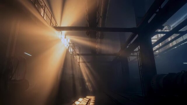 Bright factory scene. Sunlight brightens textured metal within factory environment. Sunlit factory scene emphasizing glowing dust and textured metals with contrasting shadows and illuminated areas