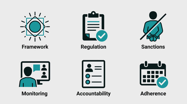 Vector graphic illustration of Business compliance icons set with monitoring and regulations Vector