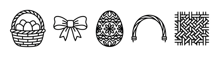 Fototapeta premium Various holiday decorative elements and patterns are presented in a clean black and white line art style, perfect for seasonal designs and craft projects.