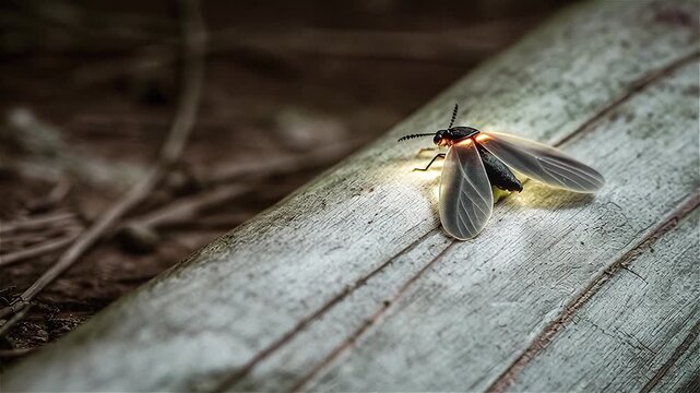 Close up of a female firefly in the forest at night, the eastern United States.
