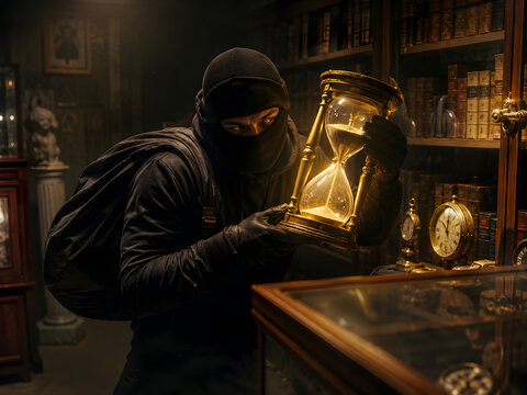 Masked Thief Stealing Glowing Hourglass.
Surreal Masked Thief Metaphor In Cinematic Light.
Creative Visual Concept About Loss And Mystery.