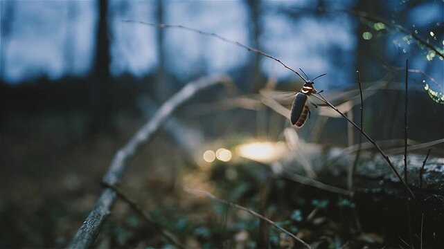 Close up of a female firefly in the forest at night, the eastern United States.

