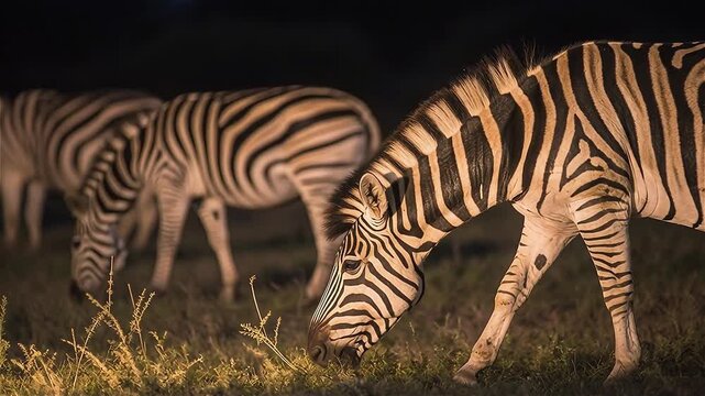 Close up of a group of plains zebras grazing, Hwange National Park, Zimbabwe. 
