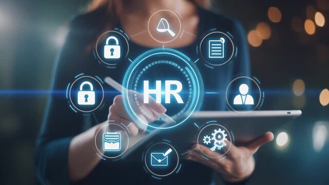Cinematic HR tablet interface with glowing digital icons, stylus interaction, futuristic workforce management, innovation, and professional human resources transformation