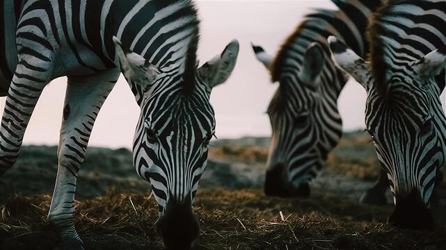 Close up of a group of plains zebras grazing, Hwange National Park, Zimbabwe. 