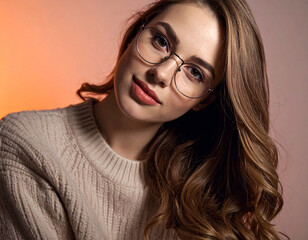 Obraz premium Young woman with glasses and wavy brown hair looking at the camera