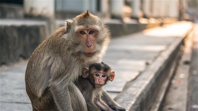 Close up of long-tailed macaque with her baby sitting in urban areas, Lopburi, Thailand.
