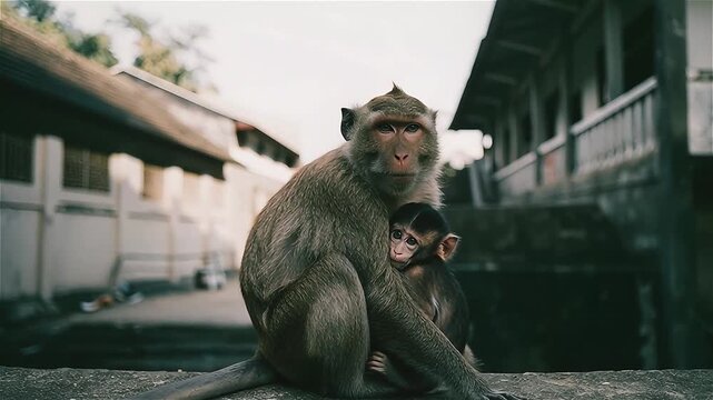 Close up of long-tailed macaque with her baby sitting in urban areas, Lopburi, Thailand.
