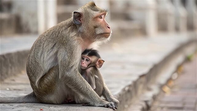 Close up of long-tailed macaque with her baby sitting in urban areas, Lopburi, Thailand.
