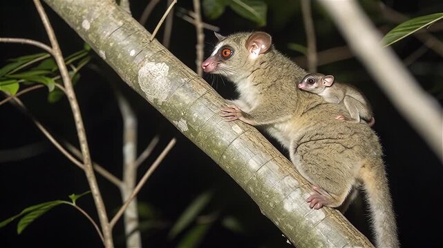 Slowmotion of A female colugo (Galeopterus variegatus) with baby rest on treetop, Singapore.
