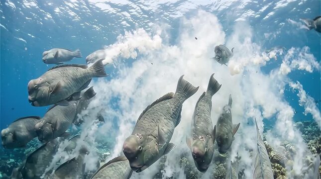 Bumphead Parrotfish (Bolbometopon muricatum) Spawning, rush upwards in group with gamete release in Pacific Ocean, the remote archipelago of Palau
