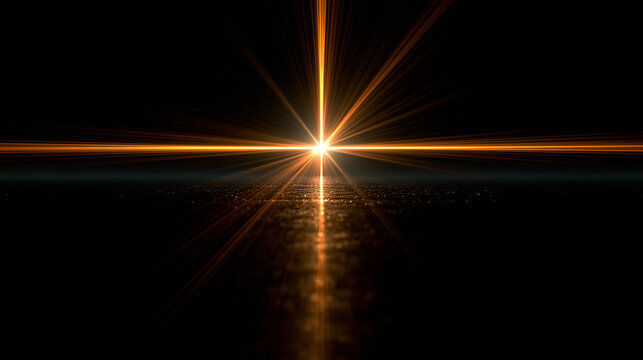 Golden Star Burst Light Effect with Glowing Horizon Reflection