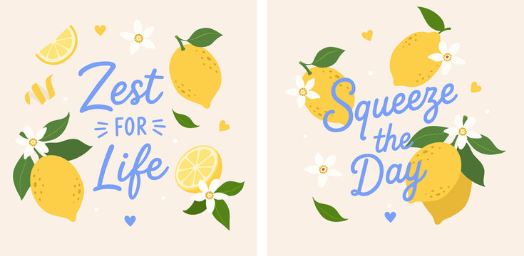 Whimsical lemon illustration with floral accents and &ldquo;Zest for life&rdquo; lettering in pastel blue. Cute citrus artwork for prints, kitchen decor, summer branding, stickers, cards, and apparel. Playful lem