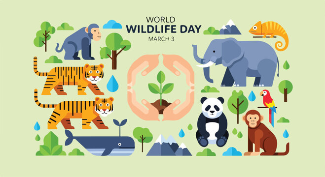 Vibrant illustration of diverse animals and nature for World Wildlife Day