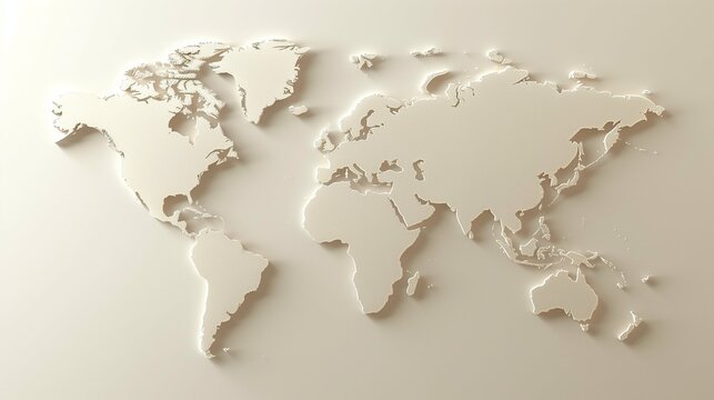 Clean world map with soft shadow and neutral tones, presentation background.