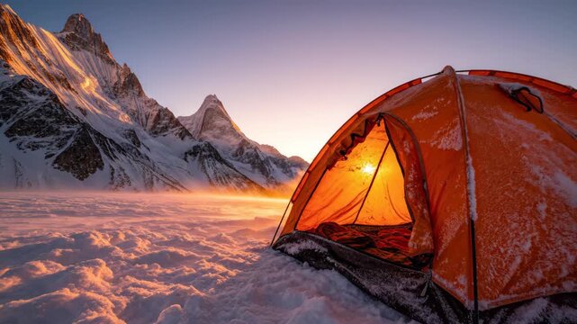 bright orange camping tent glowing on snowy glacier at sunrise with majestic mountain peaks in background. winter alpine expedition, extreme mountaineering adventure, wilderness survival.