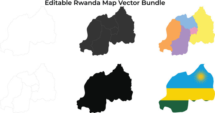 Rwanda map bundle: outline, silhouette, color, and flag