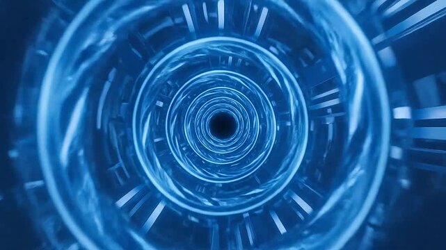 Abstract blue tunnel with a circular design and a dark center point is shown