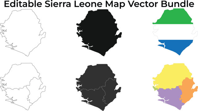 Sierra leone map outlines, solid fill, flag colors, and regions