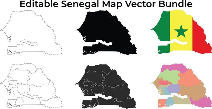 Senegal map bundle: outline, silhouette, flag, and regions