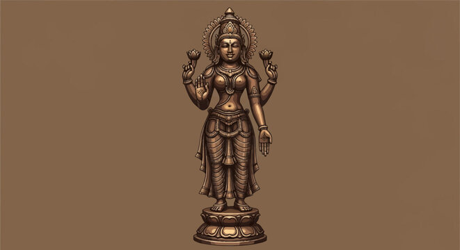 Detailed bronze vector illustration of Hindu Goddess Lakshmi standing on a lotus pedestal with four arms, holding lotus blossoms and showing mudras, sacred Indian deity artwork.
