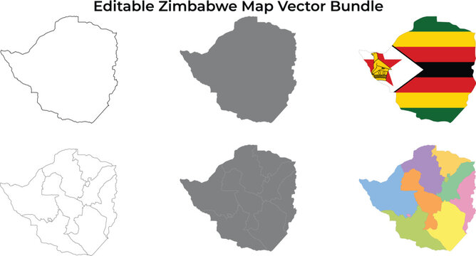 Zimbabwe map bundle: outline, flag, regions, and solid