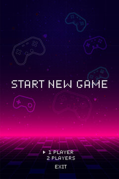 Start new game. Pixel art 8-bit. Modern trendy game background with lighting effect for game assets.