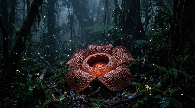 Giant Rafflesia arnoldii Bloom: Mysterious Jungle Night with Glowing Fireflies
