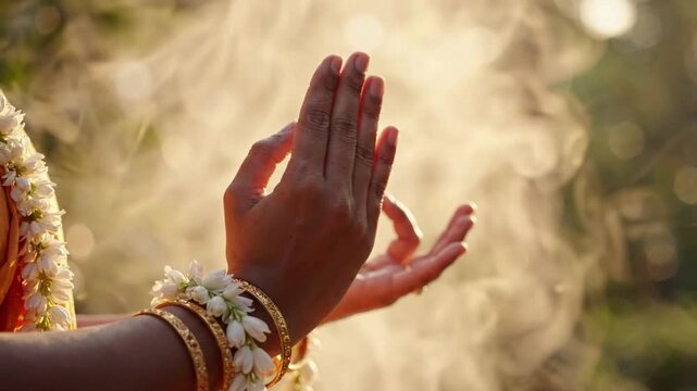 Close up of hands performing a mudra, a traditional Indian gesture, with smoke or steam rising gently in warm sunlight, adorned with floral and gold bangles