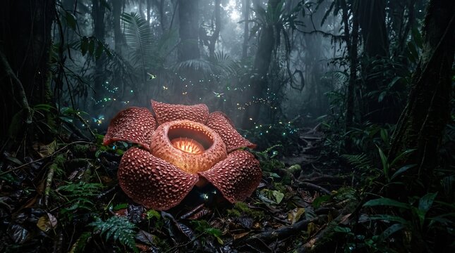 Giant Rafflesia arnoldii Bloom: Mysterious Jungle Night with Glowing Fireflies