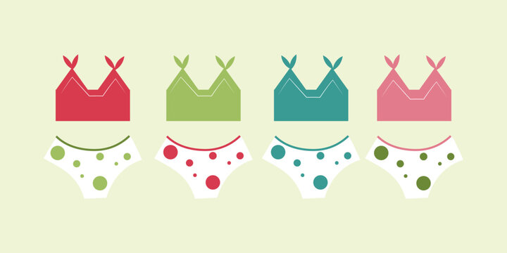 Swimsuit set for girls vector illustration. Minimalist flat design of multi-colored bikini swimwear with polka dot patterns for children's summer vacation, beach clothing collection