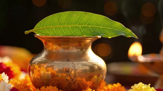 Traditional kalash pot with mango leaf and flame lamp, surrounded by marigold flowers, representing spirituality and tradition