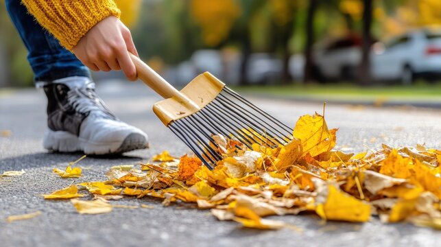 Person rakes fallen leaves onto the ground.